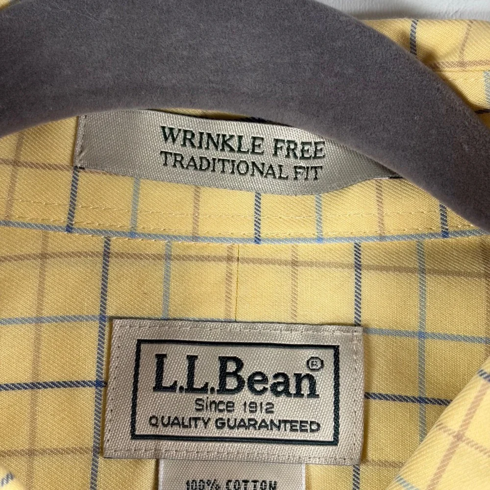 LL Bean Mens XL Yellow Plaid Wrinkle Resist Button Down Shirt Traditional Fit